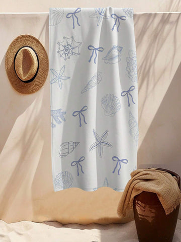 1pc Geometric Beach Towel, Blue & White Ocean Creature, Starfish, Coral, Blue, Yellow, Palm Tree, Rainbow Pattern Beach Towel, Pool Party, Personalized Beach Gift, Summer Beach Party, Summer Vibe, Beach Art, Holiday Gift