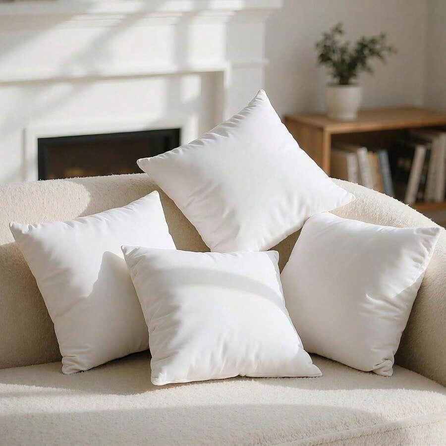 White Square Pillow 4-Piece Set – Sofa Pillow, Soft Fabric, Furry Texture, Suitable For Bed Or Sofa Use – Bedding, Graduation Gift, Home Decor, Dorm Sleep Protection, Plush Filled Core, Daily Use, Simple Appearance, 20in