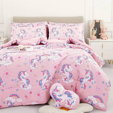 VIVILAND 6/8 Pieces Children's Quilt Set , Ultral Soft Microfiber Kids Bed Set, Pink Unicorn Comforter Sets For Girls/Boys Kids, Twin/Full Comforter Set For Girls/Boys