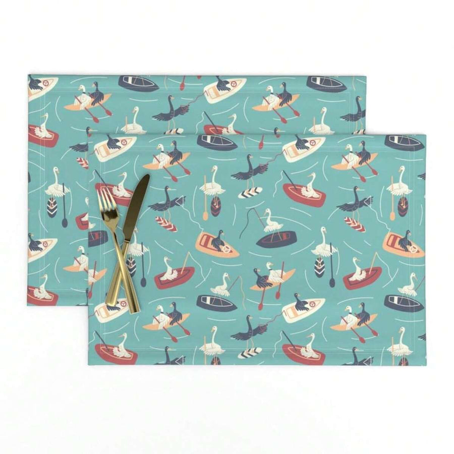[Home Decor Placemats]Blue Placemats Set Of 4 Or 6, Birds Water Duck Fun Swan Playful Lake Surfing Fishing Placemats ,Lake Birds Doing Lake Things